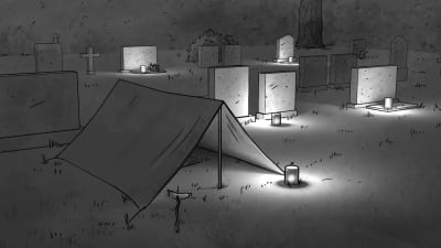 Graafinen kuva, jossa teltta hautausmaalla.