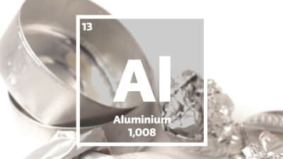 Diverse aluminiumskrot, med texten Al, Aluminium.