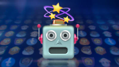 Facebook-emojin och ett förundrat robothuvud. 