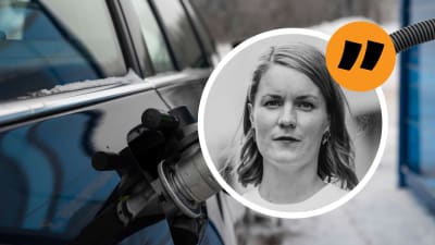 Montage: Närbild på en bil som tankas och en bild på redaktör Marianne Sundholm.