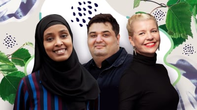 Graafisella, kesäisellä kuvapohjalla lukupiiriläiset Maryan Abdulkarim, Kyösti Hagert ja Anna Tulusto.