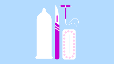 Piirroskuva raskauden ehkäisyyn liittyvistä välineistä: kondomi, kuparikierukka, e-pillerit ja kirurginveitsi, joka viittaa vasektomiaan.