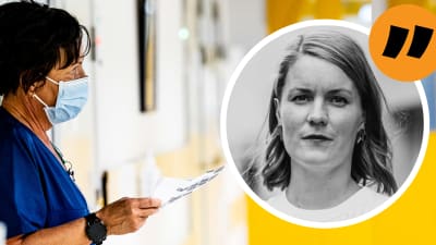 En vårdare till vänster och Svenska Yles politikreporter Marianne Sundholm till höger i en kommentarsbild.