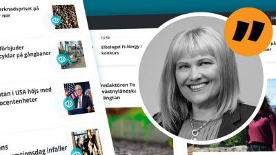 Svartvit profilbild på Johanna Törn-Mangs, i bakgrunden skärmdumpar från svenska.yle.fi.
