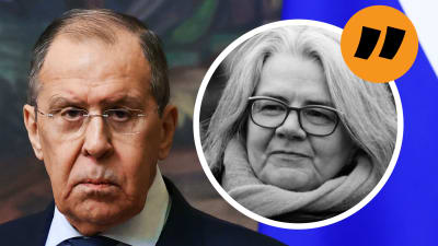 Sergej Lavrov och Svenska Yles Rysslandsmedarbetare Kerstin Kronvall i en grafik som avnänds för Svenska Yles kommentarstexter.