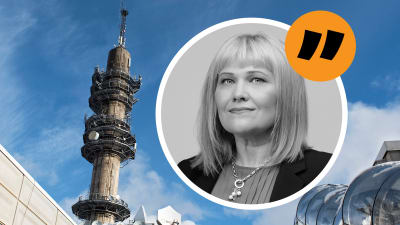 Svenska Yles direktör Johanna Törn Mangs och en bild av länktornet i Böle. 