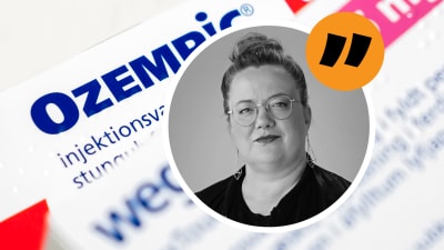 En bild på ett Ozempic-läkemedelspaket och en bild på redaktör Kia Svaetichin. Bildmontage.