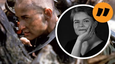 Actionhjälten G.I. Jane samt ett porträtt på Svenska Yles kulturredaktör Silja Sahlgren-Fodstad. 