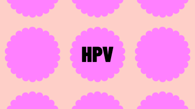 Grafiikkaa: Animoidut vaaleanpunaiset virukset ilmestyvät ja katoavat pyörähtäen, keskelle ilmestyy teksti HPV