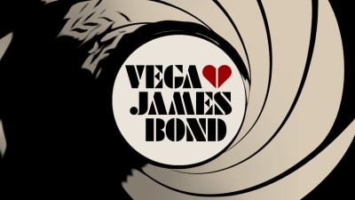Pistolmynningen (känd från James Bond-filmerna) med texten Vega hjärta James Bond i mitten.