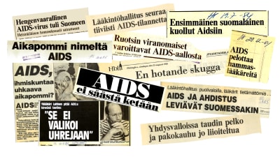 Kuvassa graafinen kollaasi aidsia koskevista, uhkaavansävyisistä lehtiotsikoista noin vuoden 1984 ajalta. 