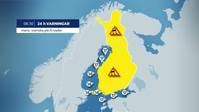 Karta över Finland med varningssymboler för dåligt väglag och hård vind. 