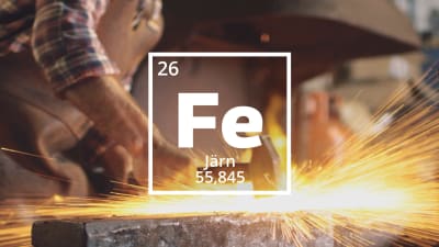Järnets kemiska symbol Fe. I bakgrunden en smed som hamrar metall så att gnistor flyger i luften.
