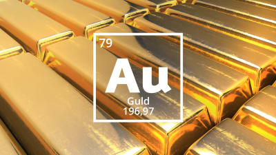 Guld hör till ädelmetallerna, har atomnummer 79 och den kemiska beteckningen Au. Guldtackor i bakgrunden.