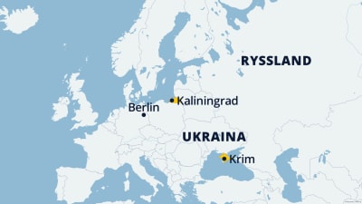 Karta över stora delar av Europa med Kaliningrad, Krim och Berlin utmärkta samt Ukraina och Ryssland.