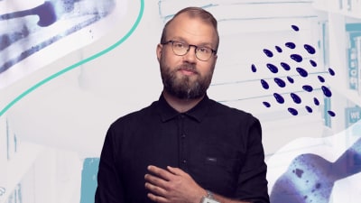 Ylen kirjallisuustoimittaja Pietari Kylmälä, taustalla graafisia kuvioita.