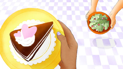 Kuvitettu kuva: Käsi pitelee kahvilassa lautasta, jolla kakkupala. Kuvan oikeassa yläkulmassa kädet kannattelevat salaattilautasta.