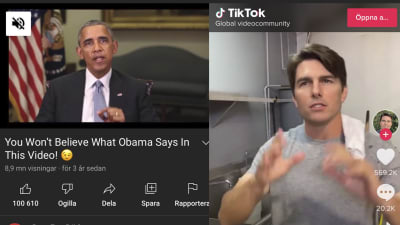 Två skärmdumpar från youtube och tiktok med bilder av USA:s förre president Barack Obama och skådespelaren Tom Cruise. 
