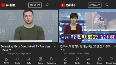 Skärmdumpar från Youtube med deepfake-videor av ukrainas president Volodomyr Zelenskij och nyhetsuppläsaren Kim Jo-Haa.
