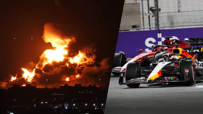 Collage på missilattacken och en närkamp mellan Max Verstappen och Charles Leclerc.