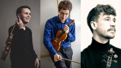 Sibelius-viulukilpailun vuoden 2022 suomalaiskilpailijat taiteilijakuvissa vasemmalta oikealle: Otto Antikainen, Adrián Ibáñez-Resjan ja Kasmir Uusitupa.