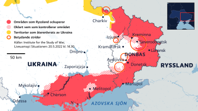 Karta över områden som Ryssland ockuperar i östra Ukraina den 20 maj 2022.