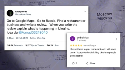 Kuvakaappaus ravintola-arvosteluista ja Anonymousin Twitter-viesti.