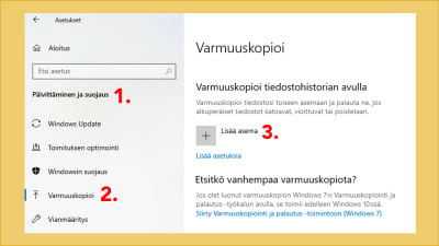 Kuvakaappaus Windows 10 -tietokoneen asetuksista: varmuuskopiointi.