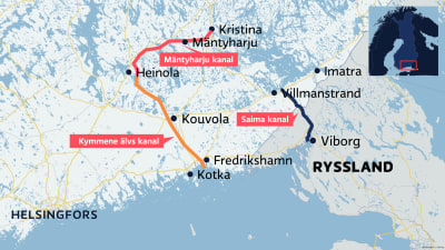 Saima-, Mäntyharju- och Kymmene älvs kanaler på kartan.