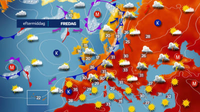 Väderkarta över Europa som visar sol och 29-35 grader kring Medelhavet och 30-31 i Tyskland och Polen, men regnigare och svalare i norra Europa.