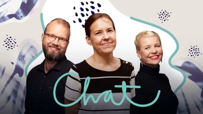 Toimittaja Pietari Kylmälä, kirjailija Maria Mustranta ja toimittaja Anna Tulusto takanaan graafisia vesivärillä tehtyjä pisaroita ja nauhoja.
