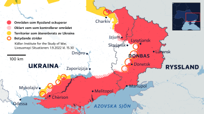 Ruotsinkielisellä kartalla Venäjän valtaamat alueet Itä-Ukrainassa 1.9.2022.
