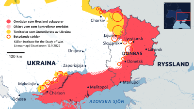 Karta över erövrade områden i Ukraina 12.9.2022.