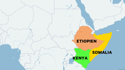 Karta över delar av Afrika med Etiopien, Somalia och Kenya utmärkta.