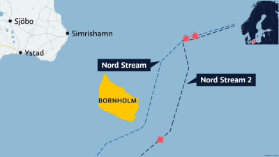 Karta som visar de tre läckagen i Nord Stream 1 och 2 utanför Bornholm