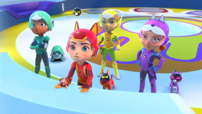 Pelastajapartion seitsemän animaatiohahmoa katsovat vasemmalle.