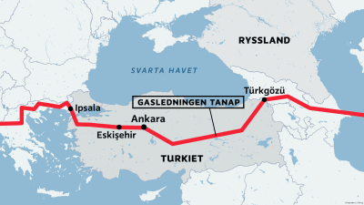 Karta över hur gasledningen Tanap gör genom Turkiet.