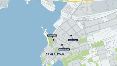 Karta med utsatta markeringar där tomtplats för kiosk planeras i Ekenäs.