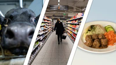 Kollage för att illustrera "Matens väg till din tallrik". Bilden visar en kalv, en matbutik och en serverad matportion.