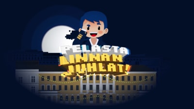 Piirroshahmo presidentin linnan taustalla öisessä kaupunkimaisemassa, etualalla Pelasta Linnan juhlat -tekstiplanssi