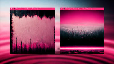 Kuvassa on kaksi tekoälyn luomaa kuvaa musiikista, tulevaisuudesta ja äänestä. Kuvan pääväri on pinkki.