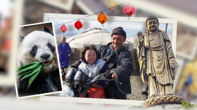 Kollaasi Aasia-aiheisista kuvista: panda, buddha-patsas ja isä ja tytär mopon selässä.