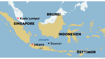 Karta över Indonesien och länder i närheten. Bland annat ön Bawean i Javasjön visas på kartan.