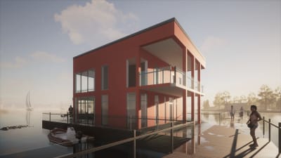 Illustration av hur husen i Lovisaviken kunde se ut. Ett rött hus i två våningar.