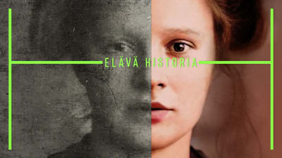 Naisen kasvot valokuvassa, joka on puoliksi mustavalkoinen, puoliksi värikuva. Päällä teksti Elävä historia.