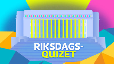 Teckningen föreställer parlamentsbyggnaden. Bakgrunden är färgglad. Det står i mitten Riksdags-quizet. 