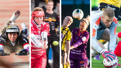 Kuvasarjassa Manse PP:n pelaaja syöksyy, IPS:n pelaaja lyö, FC Hongan ja Åland Unitedin pelaajat kamppailevat pallosta sekä KuPSin maalivahti sulkee pallon.
