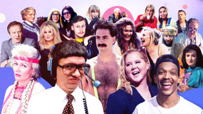 Komediasarjojen hahmoja yhteiskuvassa, muiden muassa Mauno Ahonen, karjakko, Lloyd Libiso, Borat ja Amy Schumer.