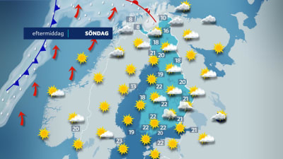 Väderkarta över Finland som visar soligt väder i söder och väster, skurar i öster och växlande molninghet i norr under söndagen. Temperaturen varierar från 22 grader i söder till 10 grader allra längst i norr.