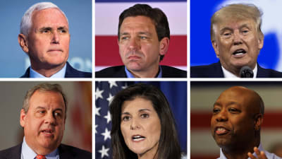 Ett bildcollage med repulikanska kandidaterna Mike Pence, Ron Desantis, Donald Trump, Christ Christie, Nikki Haley och Tim Scott.